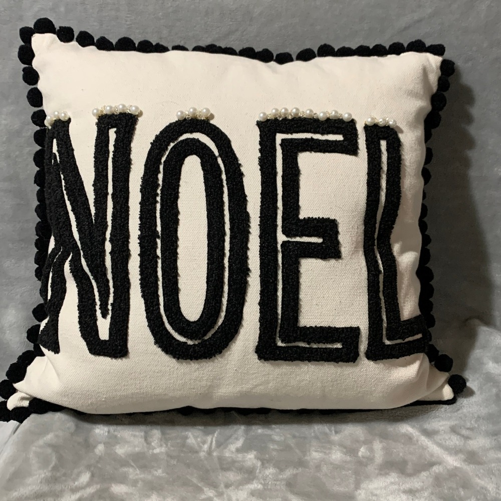Holiday Noel Pillow Black White Pom Pom Pearl Embellished Throw Pillow Christmas - Picture 1 of 12